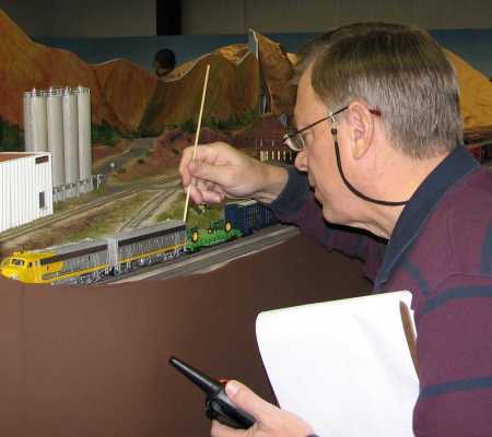 Mike Kremheller uncoupling his cab units from his train during a 2007 operating session on APN